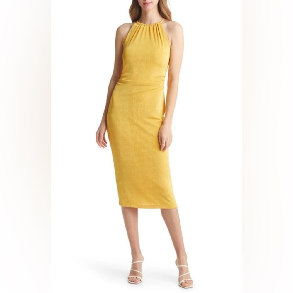 Vici collection halter neck ruched cut out midi Dress mustard yellow XL